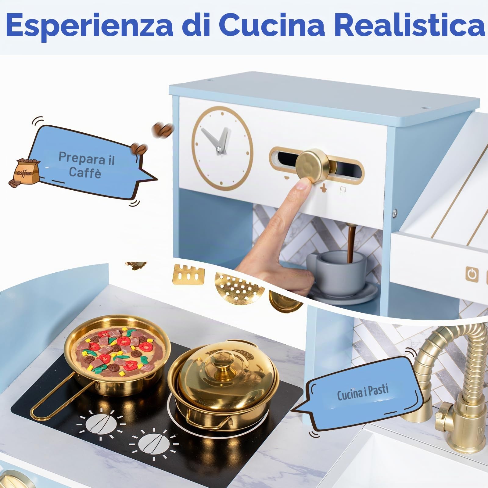 BRINJOY Cucina per bambini, in legno, set da cucina con tende, macchina da caffè, scaffalatura, fornello, lavandino, stoviglie, luce e suono, regalo per ragazze e ragazzi (blu)