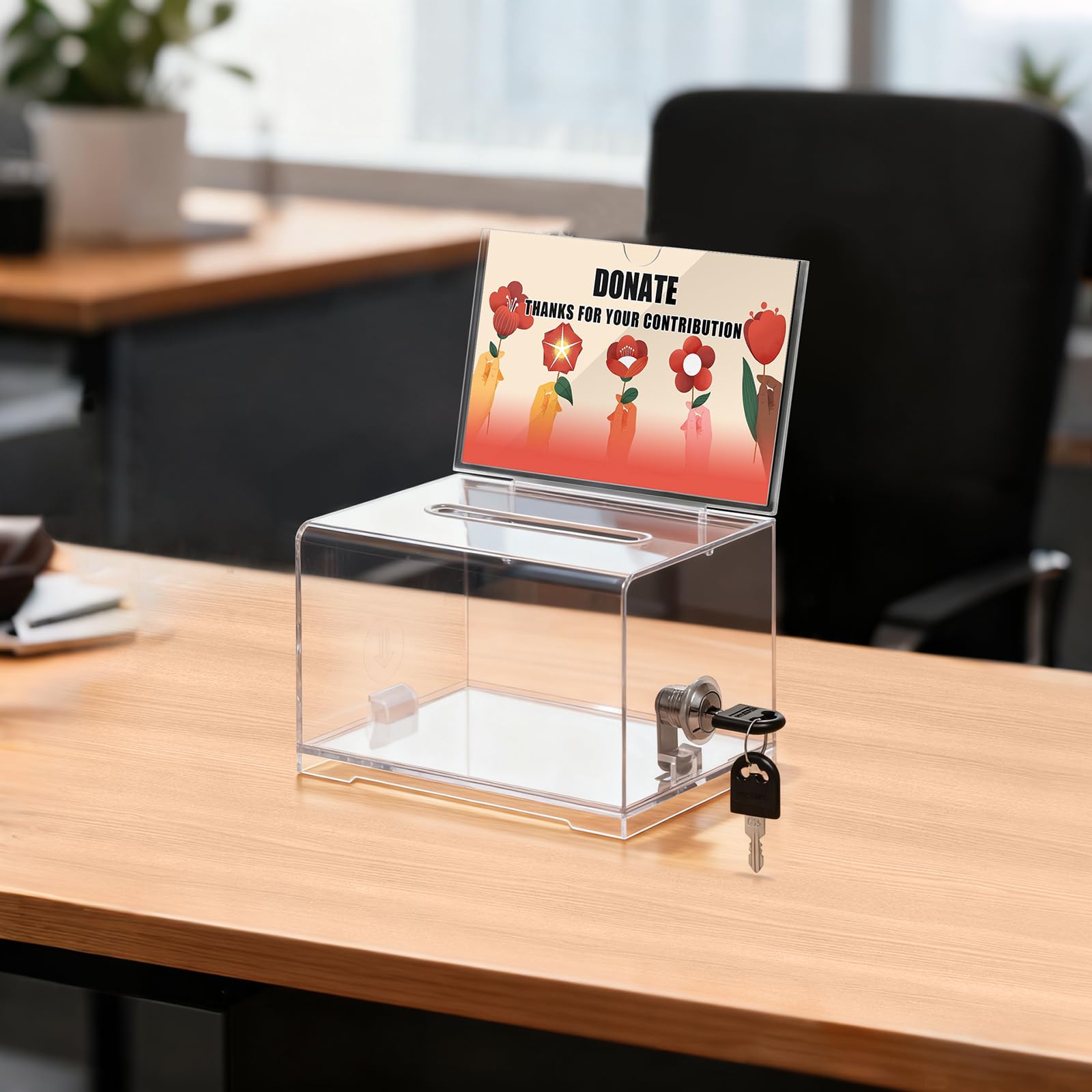 KYODOLED Clear Donation Box for Fundraising with Lock & Sign Holder, Multi-Use Voting and Raffle Box, Tip Jar, Secure Storage, Durable Plastic, 6.2'' x 4.6'' x 4.0''