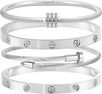 Stainless Steel Bangle Bracelet Set for Women - Silver/Gold Love Bangle Non Tarnish Jewelry with Sparkling Crystal Inlay for Love Gifts