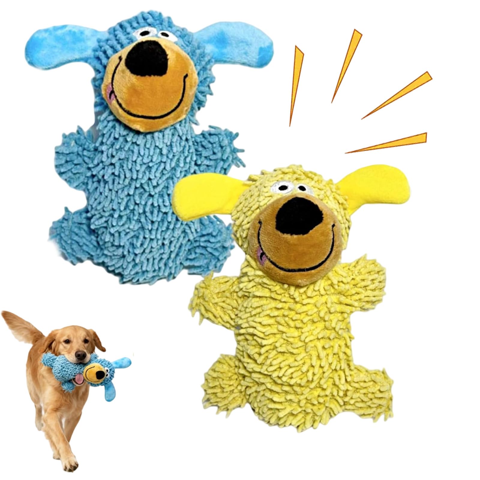 Snrtevu Squeaky Dog Plush Toy, Squeaky Soft Dog Toys, Chenille Noodle Crinkly Chew Dog Toy, Interactive Pet Plush Toys for Small Medium Large Dogs Interactive Play Fun (yellow+blue)