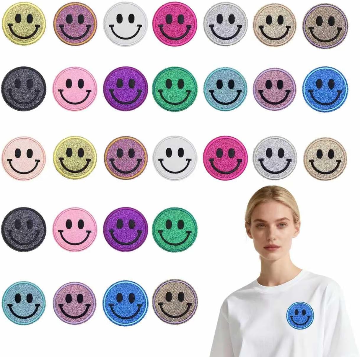 30PCS Sequin Iron on Patches,Iron on Smiley Face Patch for Hats,Clothing,Jeans(15 Colors)
