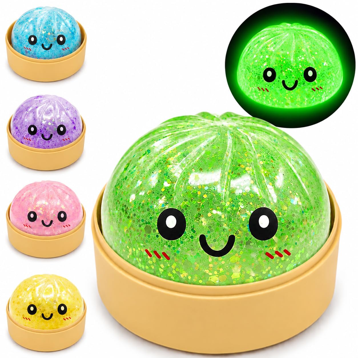 Light Squishy Glowing Box,Glitter Squishy with Steamer,Colorful Sensory Stress Dough Ball Squeeze Toys for Stress Relief ,Soft Squeeze Decompression for Stretchy Desk (Green)