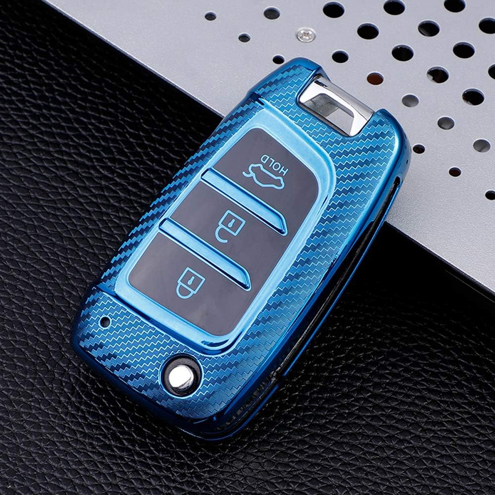 SANRILY 3-Button Flip Key Cover for Hyundai Solaris 2 i30 Kona 2017 2018 Keyless Remote Key Holder Carbon Fiber Pattern Soft TPU Full Protection Key Case with Keychain Blue