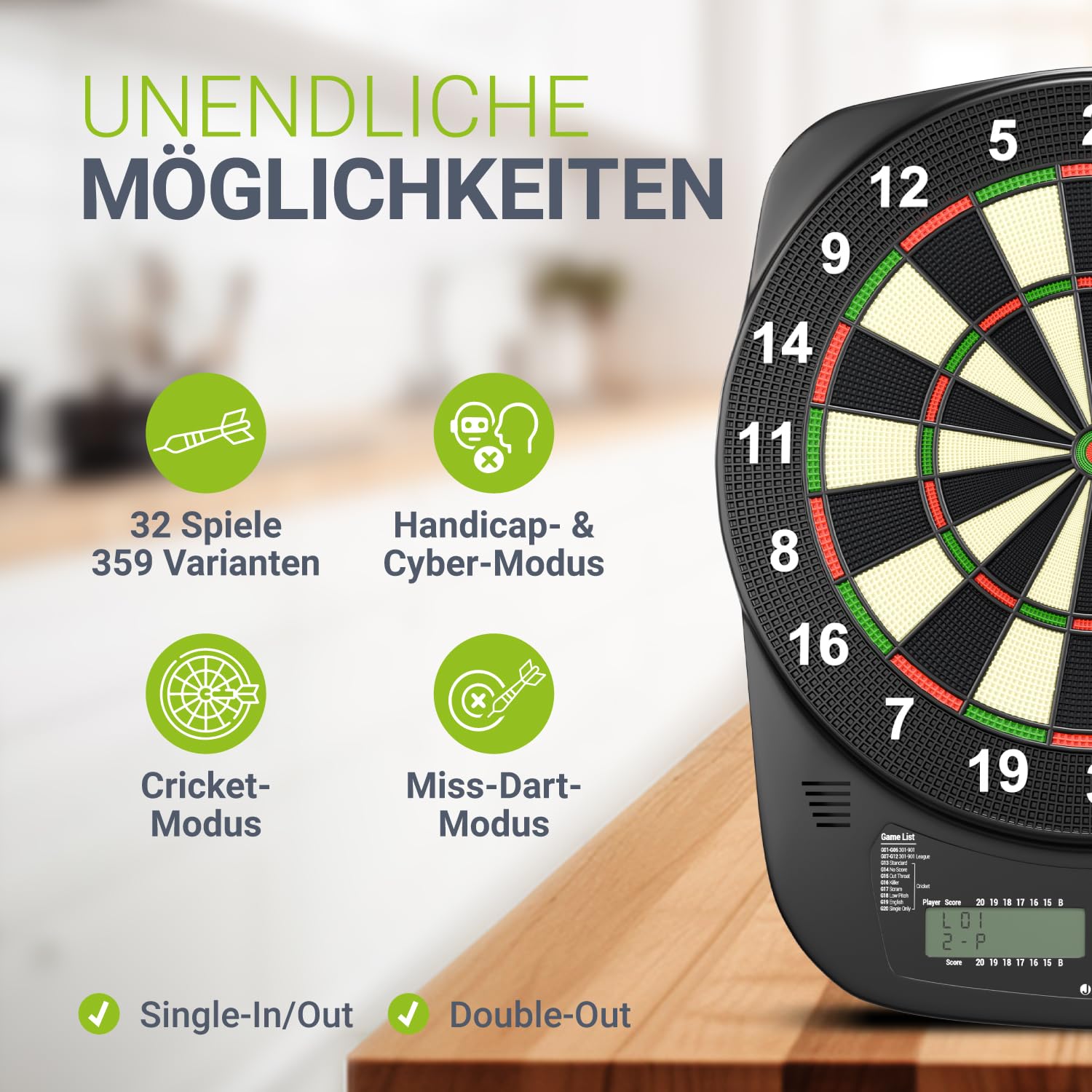 Juskys Elektronische Dartscheibe mit 32 Spielen & 359 Varianten, LCD-Display, USB-C, Pfeile & Zubehör, für bis zu 8 Spieler, Netz- & Batteriebetrieb