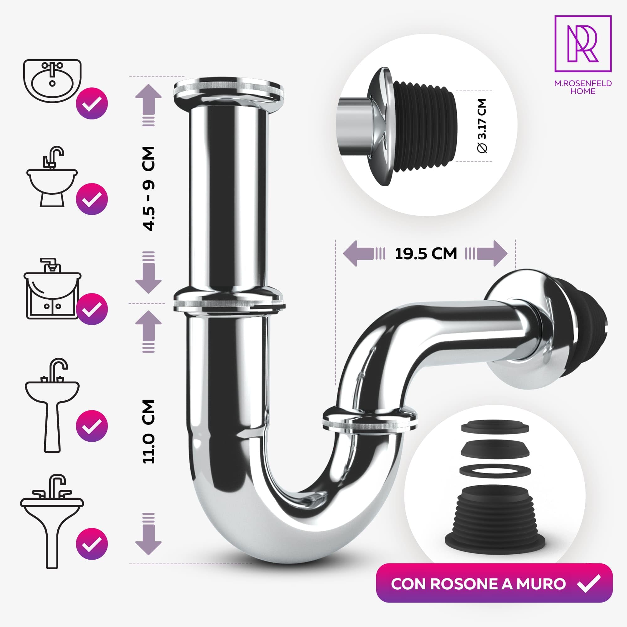 Piletta per lavabo POP UP con troppopieno + sifone universale per lavabo, sifone per lavabo in ottone.