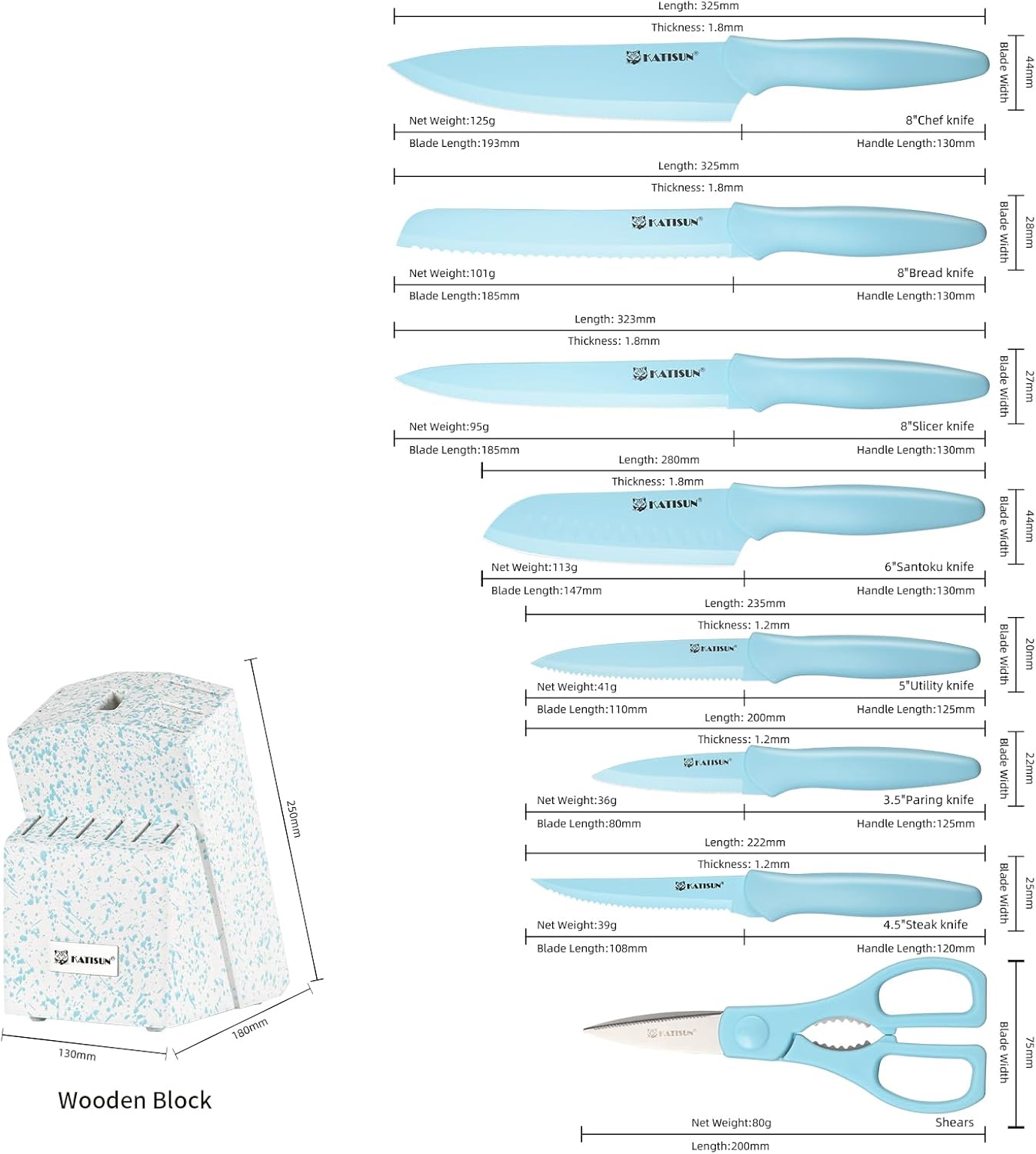 Kitchen Knife Set with Block, 14 Piece BLUE Non-Stick Paint Coating Stainless Steel Knives Set, Anti-Rust and Dishwasher Safe, 12 Knives with Kitchen Shears and Block - Image 2