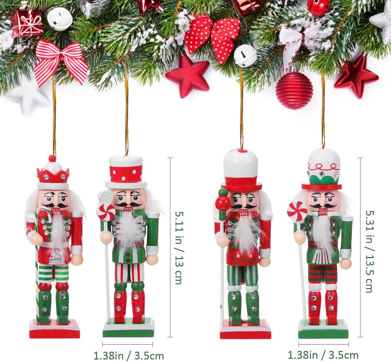 VOSAREA 4PCS Wooden Nutcracker Ornament 4.92 Inch Christmas Hanging Soldier Nutcracker Figurines Xmas Holiday Tree Decorations for Xmas Tree, Table, Shelf, Fireplace Decor