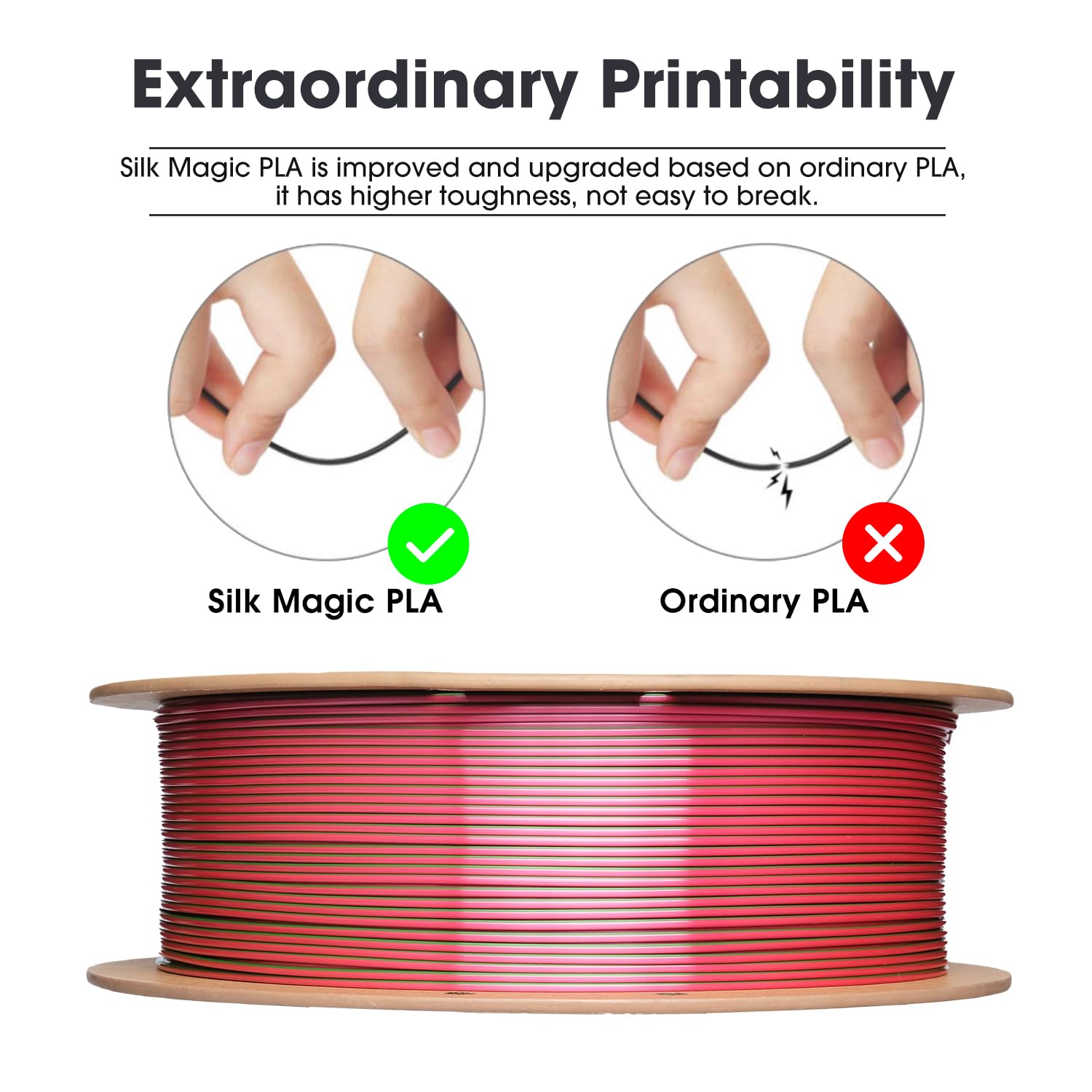 eSUN Silk Filamento PLA a doppio colore da 1,75 mm, filamento per stampa 3D in coestrusione Silk Magic PLA, colore sfumato che cambia bobina da 1 kg (2,2 libbre) (Silk Rosso Verde, 1KG)