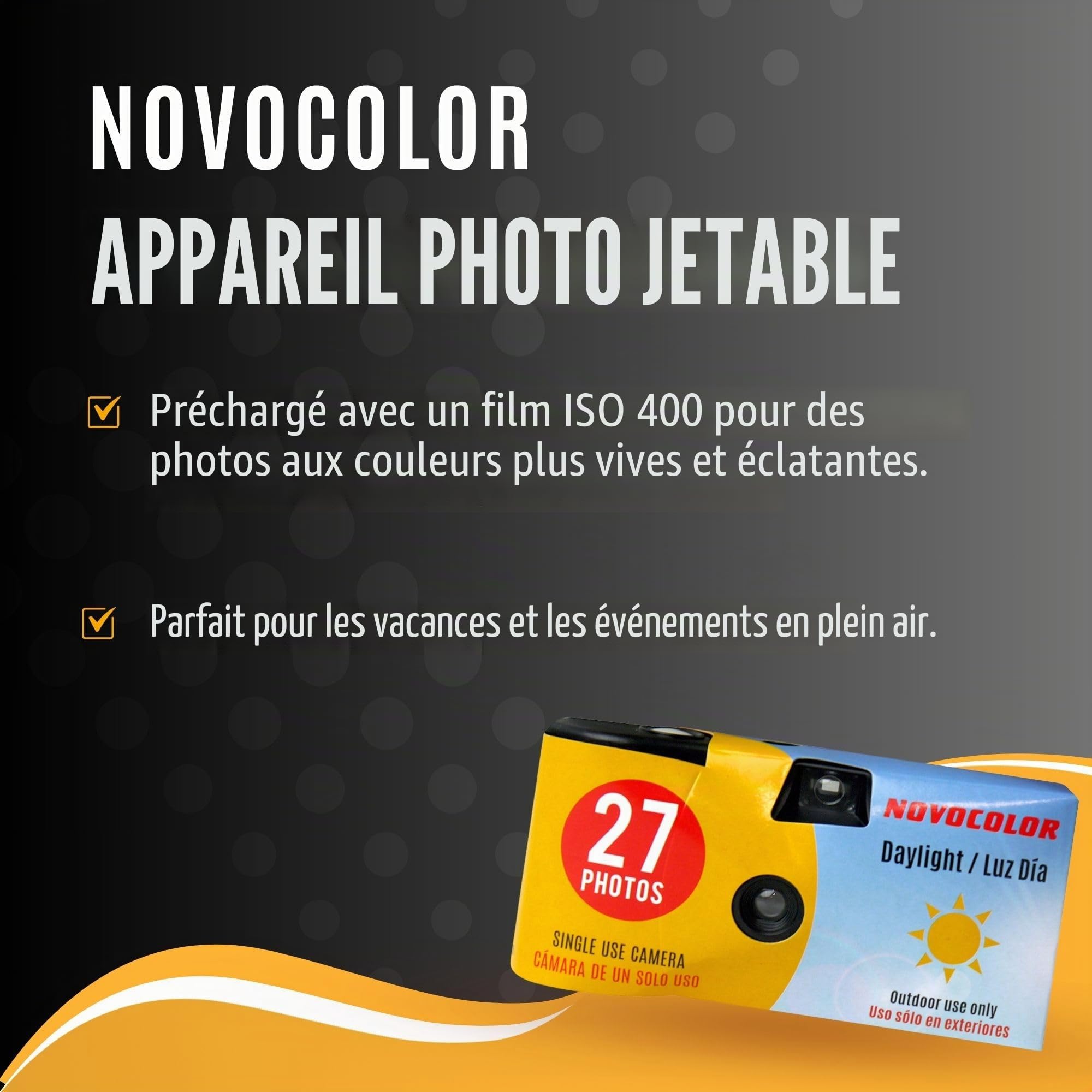 Lot de 10 appareils photo jetables avec appareil photo Novocolor lumière du jour à usage unique 27 poses et carte de conseils pour photographie Clikoze