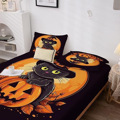 Miniatura 4 de Sábanas de Halloween tamaño King  Sábanas de calabaza de gato negro para niños y niñas, juego de sábanas naranja y negro con sábana bajera de