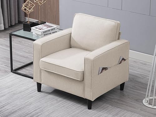 PUREMIND Sofá individual para sala de estar, moderna silla tapizada con brazos, sillón de tela de lino con 4 bolsillos de almacenamiento, cómoda
