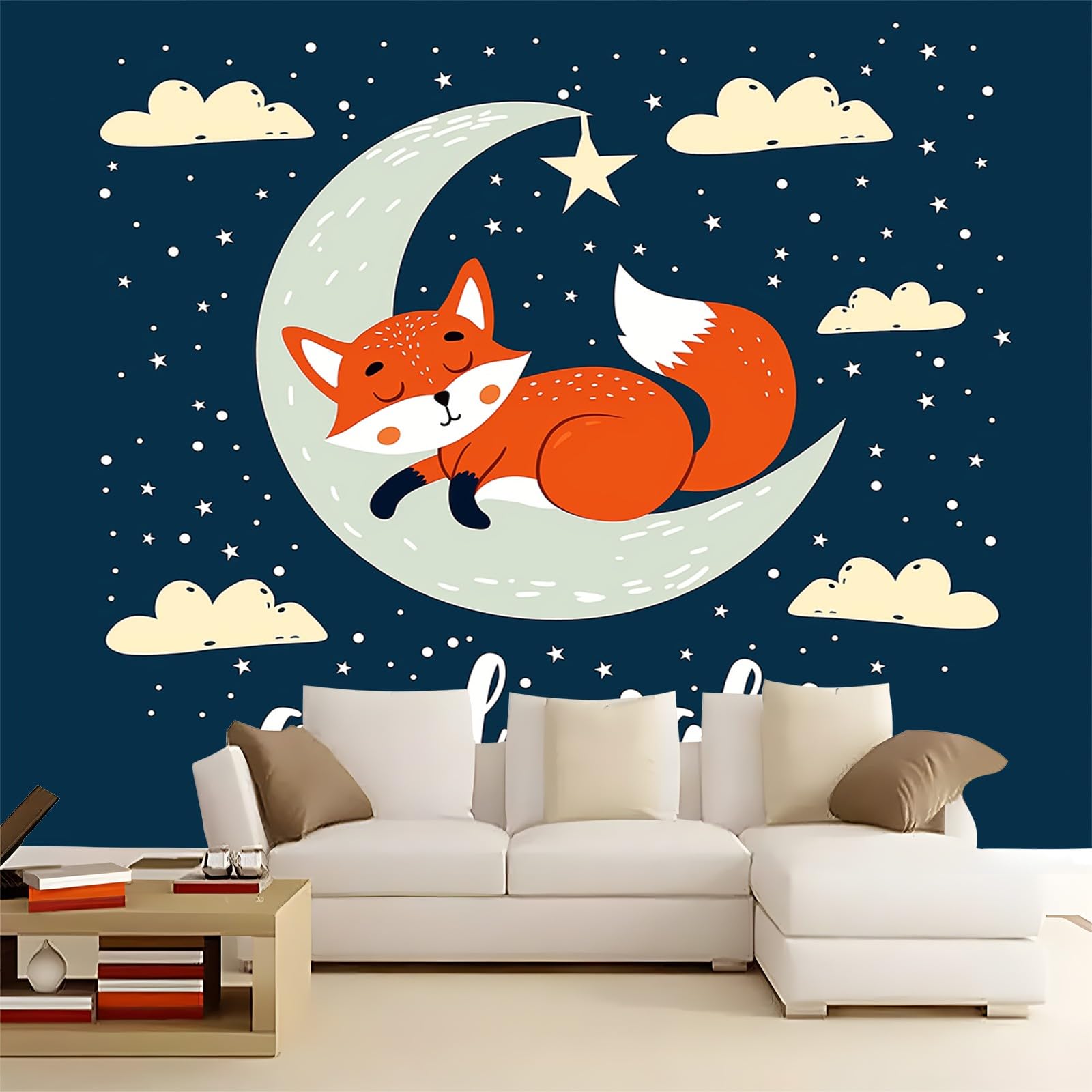 Tapeta śliczny księżyc z kreskówki, 300 x 210 cm, tapeta z włókniny, ciemnoniebieska, tapeta ścienna do salonu, biura, sypialni, tapeta dekoracyjna