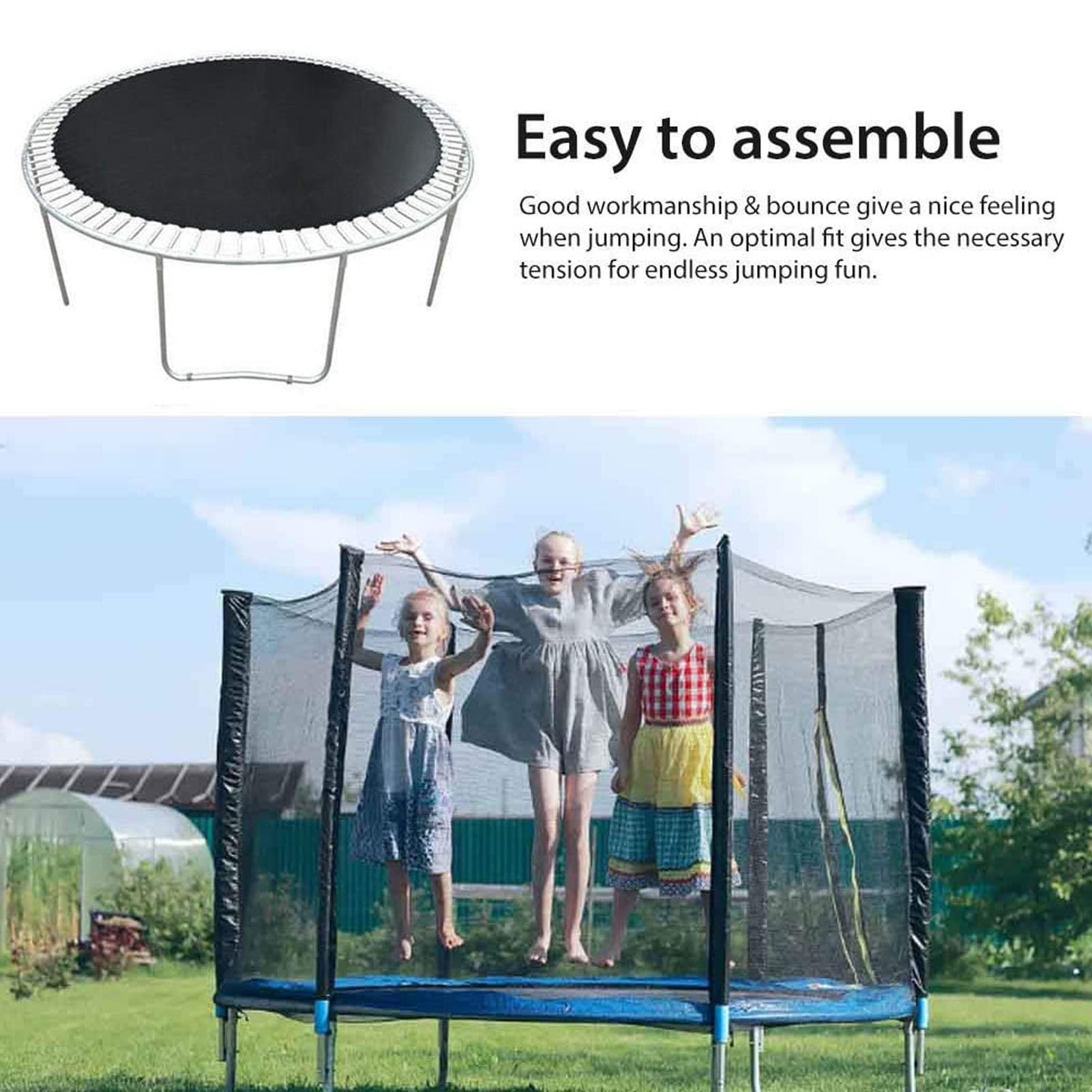 Tappeto elastico di ricambio per giardino, tappeto elastico rotondo con bordo di sicurezza, tappeto elastico divertente per esterni (molle non incluse), resistente alle intemperie, facile da