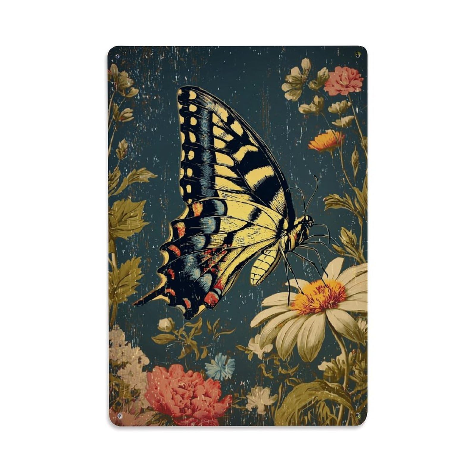 Nestemfo Vintage Butterfly And Floral Pattern Tin Sign Metal Sign, Living Room,Bar, Home, Bedroom Wall Decor,Retro Metal Poster 8X12 Inches