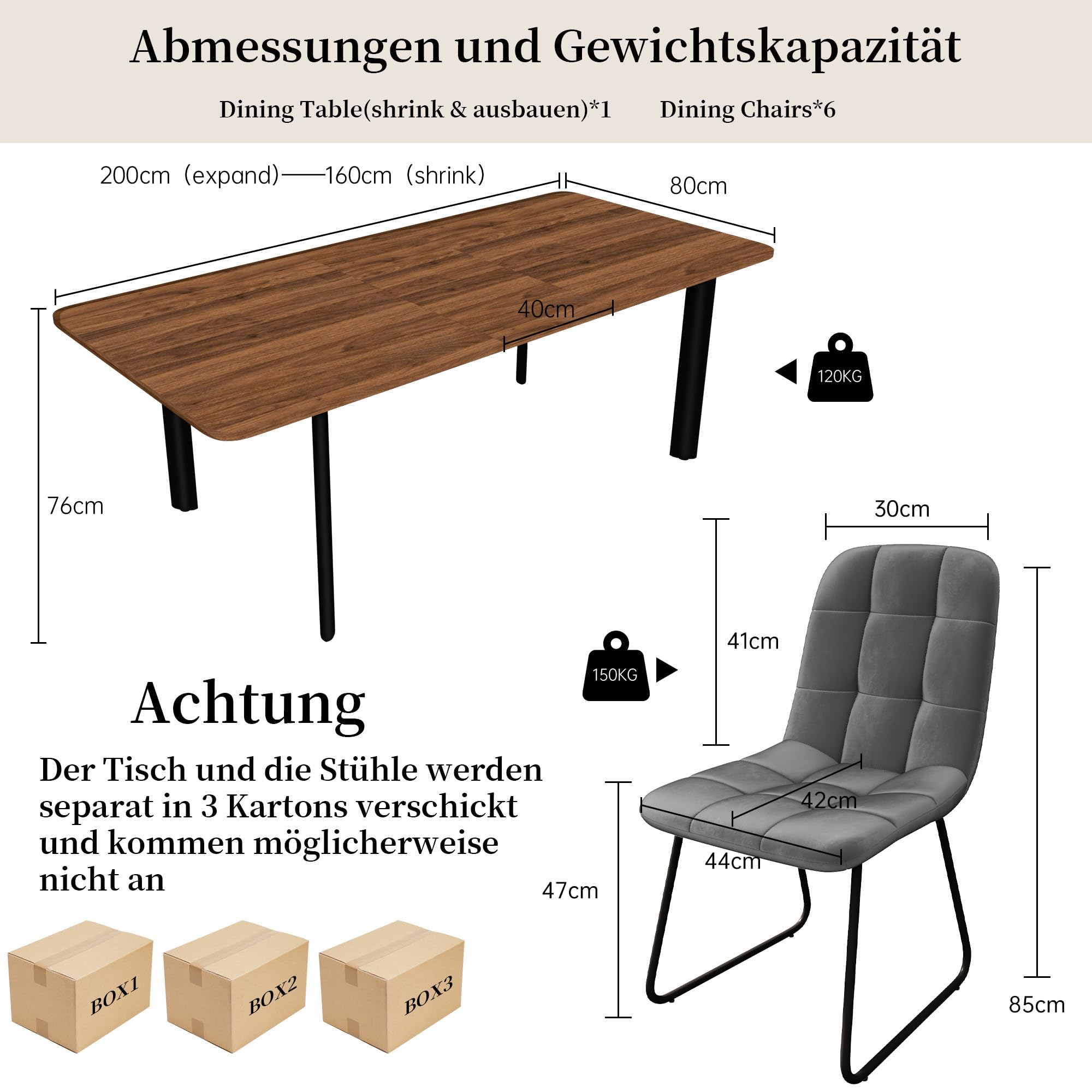 JIEXI Essgruppe Tisch Ausziehbar mit 4-8 Stühlen, 160-200cm Walnuss + 6 Grau