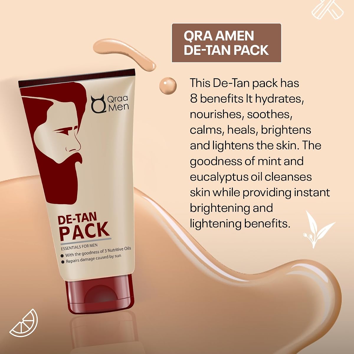 Qraa Men De Tan Pack, 120 g with De Tan Scrub, 100 g with Face and Beard Wash,