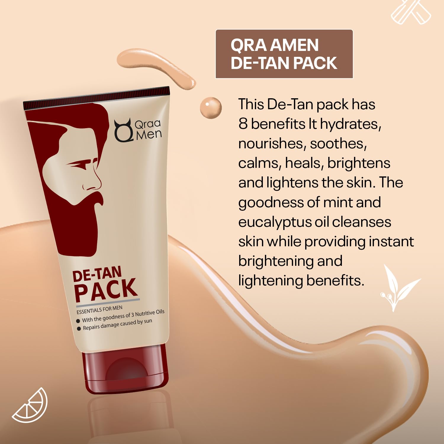 Qraa Men De Tan Pack, 120 g with De Tan Scrub, 100 g with Face and Beard Wash, 100 g