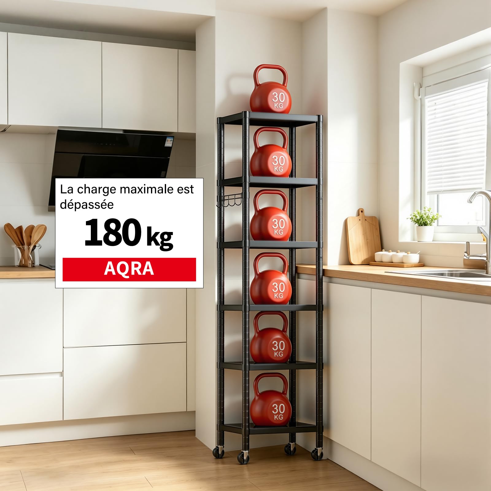 AQRA Etagère Métallique à Tablettes Ajustables pour Cuisine & Garage | 6 Tablettes, dim.30,5×40×157cm, Charge >180kg, Usage Cuisine, Bureau, Garage