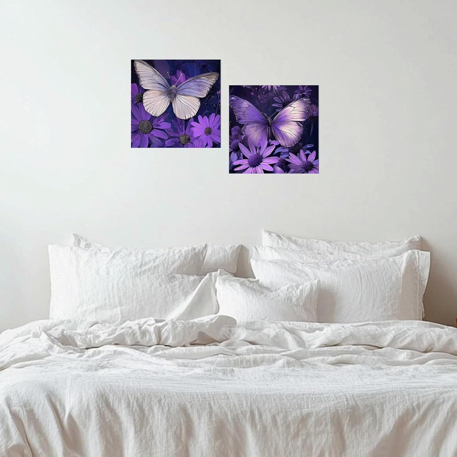 PLIDAAYO Purple Wall Art Set of 2 Butterfly and Purple Flower Canvas Print Natural Plant Insect Painting Poster Picture Modern Romance Artwork for Girl Living Room Bathroom Decor(Flo-02,24"x24"x2)
