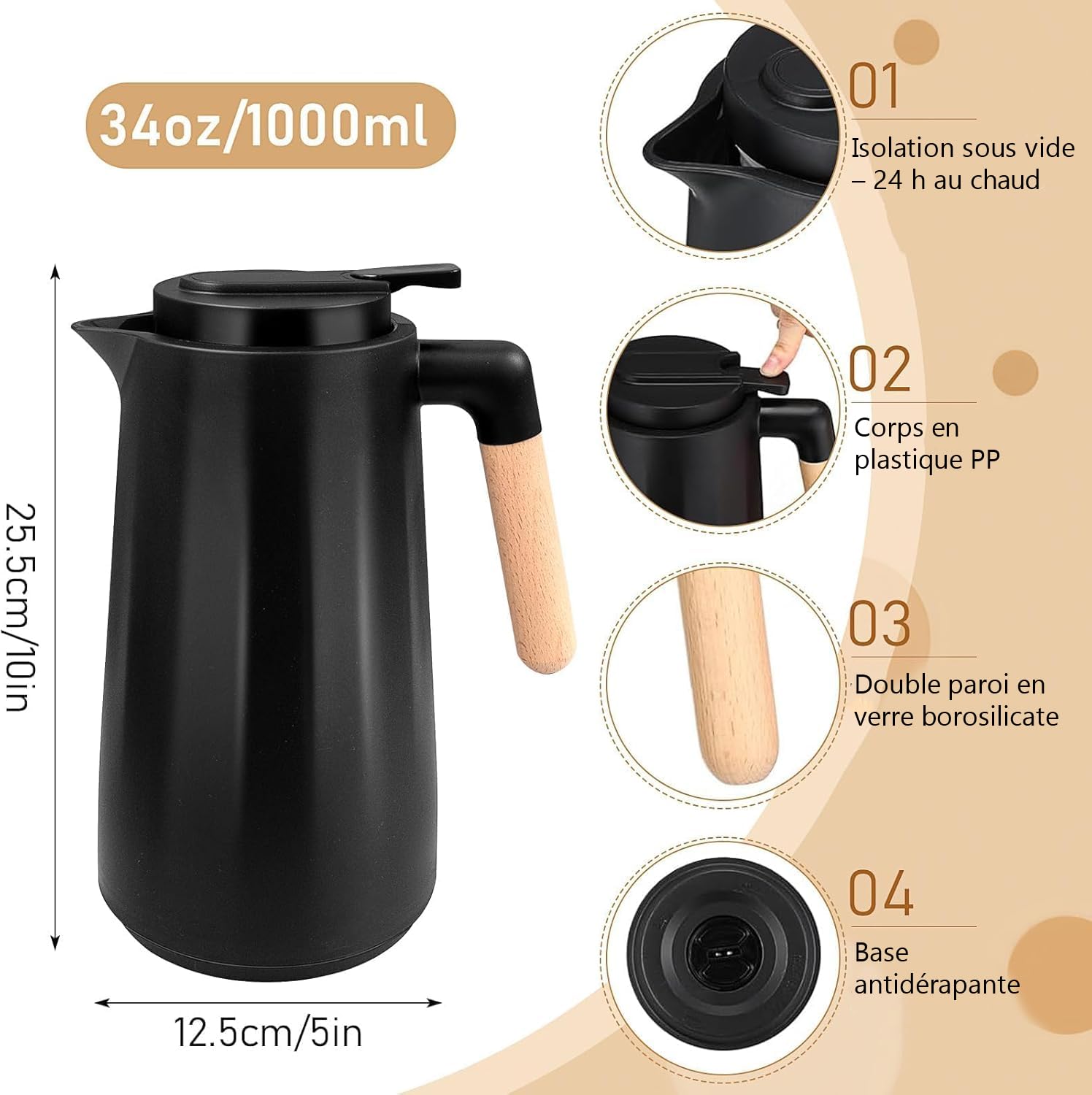 Lot de 2 Carafes Isothermes 1 L avec Doublure en Verre et Poignée en Bois - Pichet Thermique Double Paroi Sous Vide, Jug pour Café, Thé, Lait ou Chocolat Chaud, Noir
