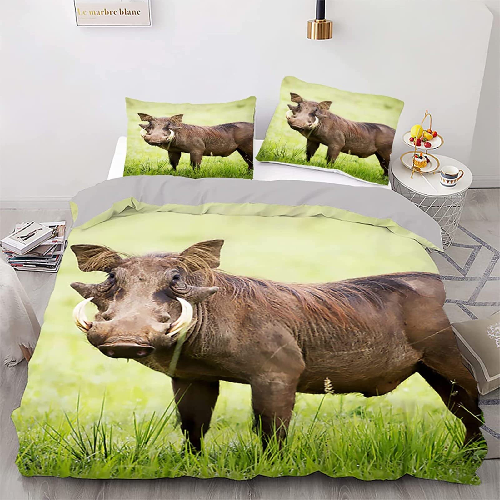 Copripiumino Matrimoniale 220x240 Con Cinghiale Marrone - Set In Microfibra Con 2 Federe 50x80