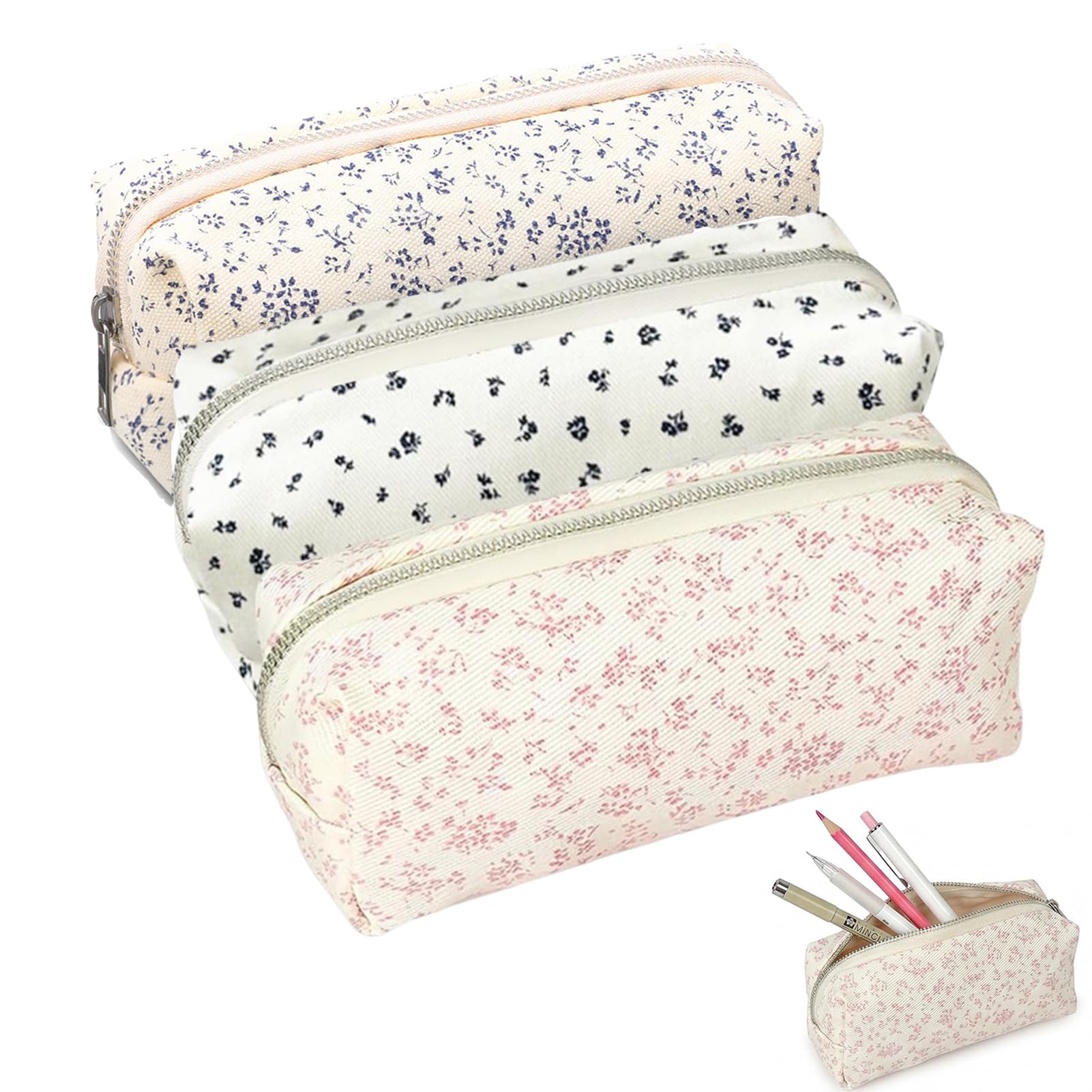Floral Pencil Case for Girls, Large Capacity Canvas Pencil Cases，3PCS