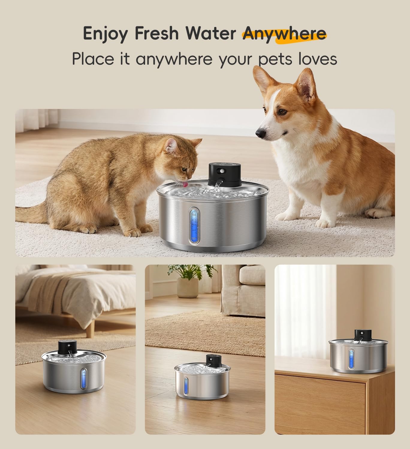 Stainless Steel Cat Water Fountain, 186fl.oz/1.45Gal Wireless Dog Water Fountain Battery Operated, Pet Water Dispenser Cordless for Cats & Dogs Indoor