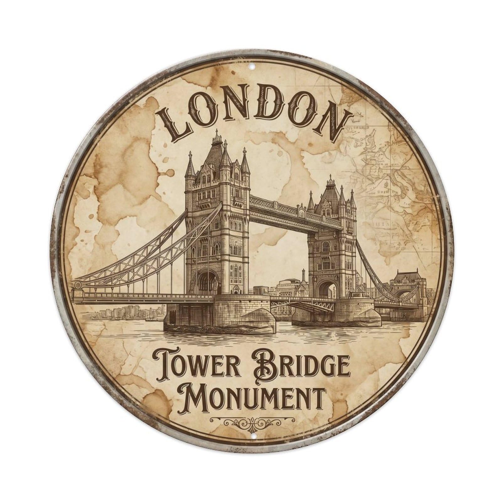 Vintage Travel Tower Bridge London Metal Tin Sign Plaque Wall Decor for Cafe, Club, Garden Round Metal Poster 8x8Inch