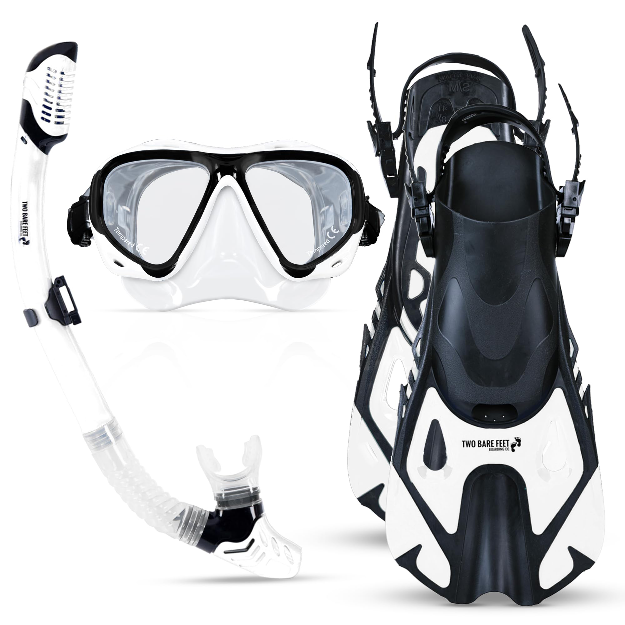 Two Bare Feet Adults 3 Piece Silicone Mask, Snorkel and Fins Diving Set, Anti Fog Anti Leak Snorkelling Set - Style 3 (White, (M2006S+S11S+F01), (S/M), UK4.5-8.5) โ image 1
