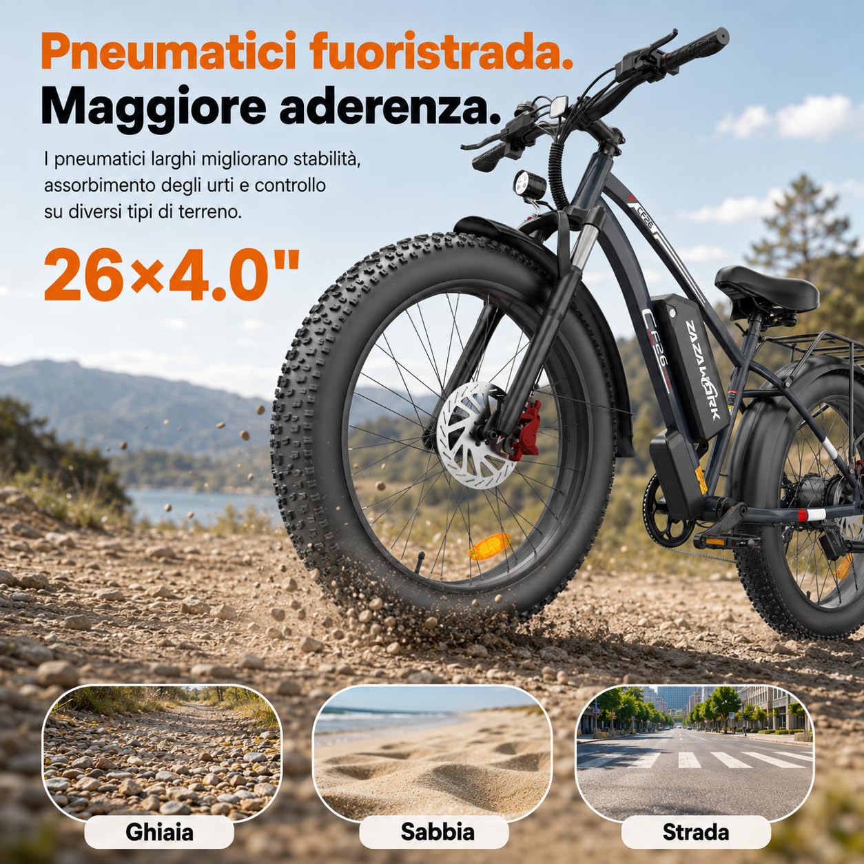 CF26 Bicicletta Elettrica Uomo 26x4.0 pollici Fatbike 48V20AH Batteria Rimovibile Mountain Bike Elettrica Pedalata Assistita 120Km Motore 250W 62Nm 7 velocità Adatto a tutti i terreni