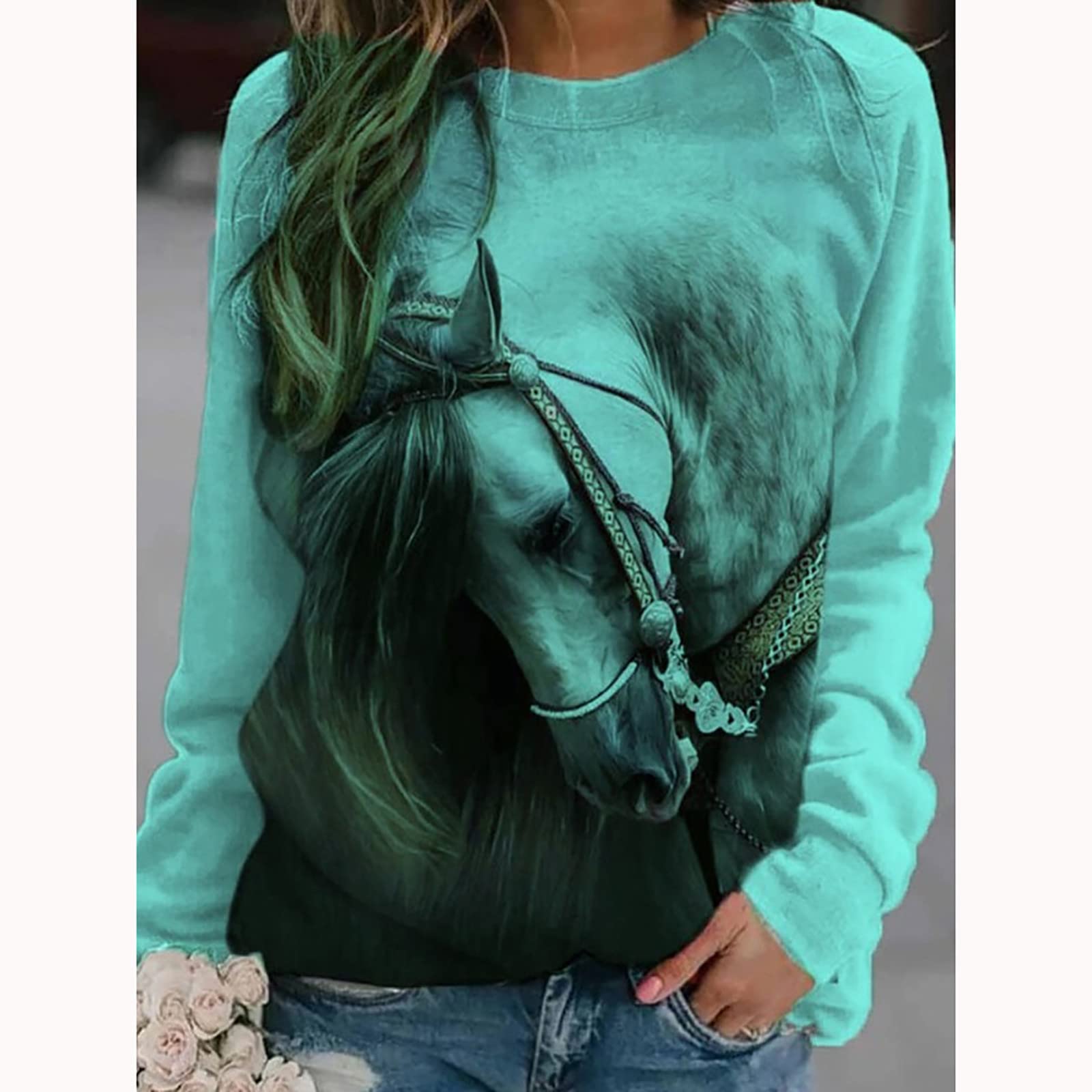 FunAloe Sweats à col rond, pour femmes, décontracté, ample, col rond, manches longues, couleur unie et cheval, doux et fin, chemisiers, hauts