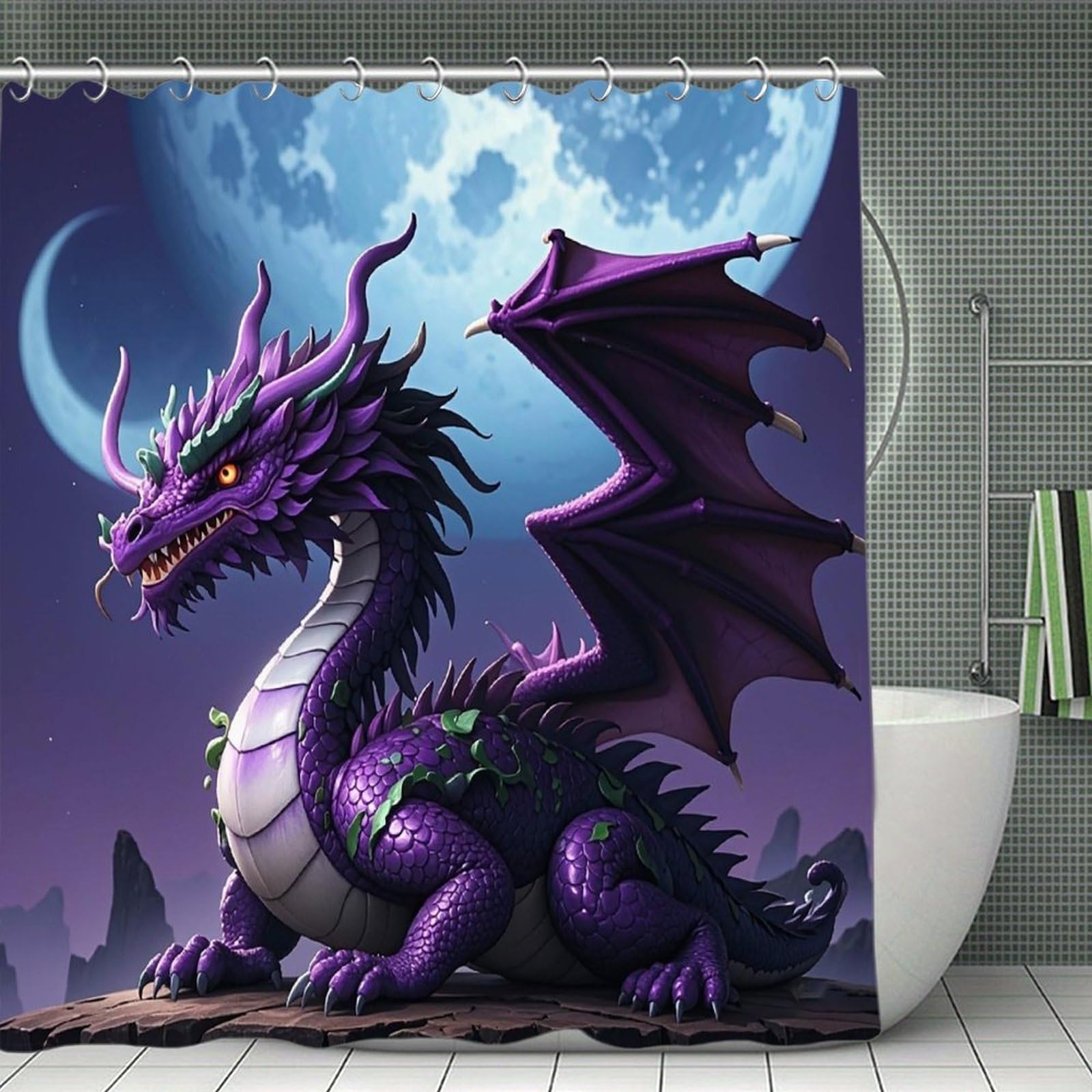 FekiLoot Purple Dragon Purple Moon Shower Curtain Minimalist Aesthetic Bath Curtain with Hooks Simple Water Resistant Bathroom Shower Curtains Cute Blackout Privacy Curtains Cloth Curtain