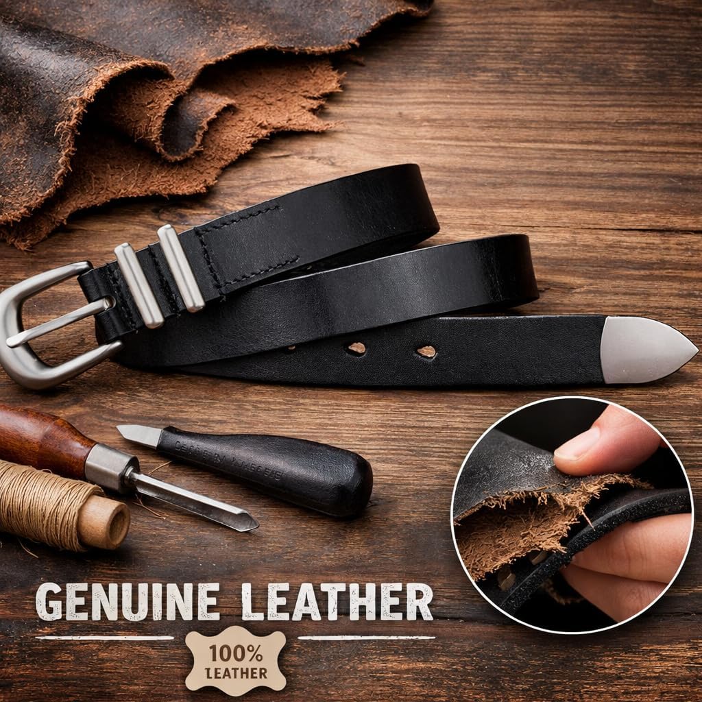 Classic Black Leather Belt with Silver Buckle, Casual Dress Belt, Premium Genuine Leather, Metal Buckle Design