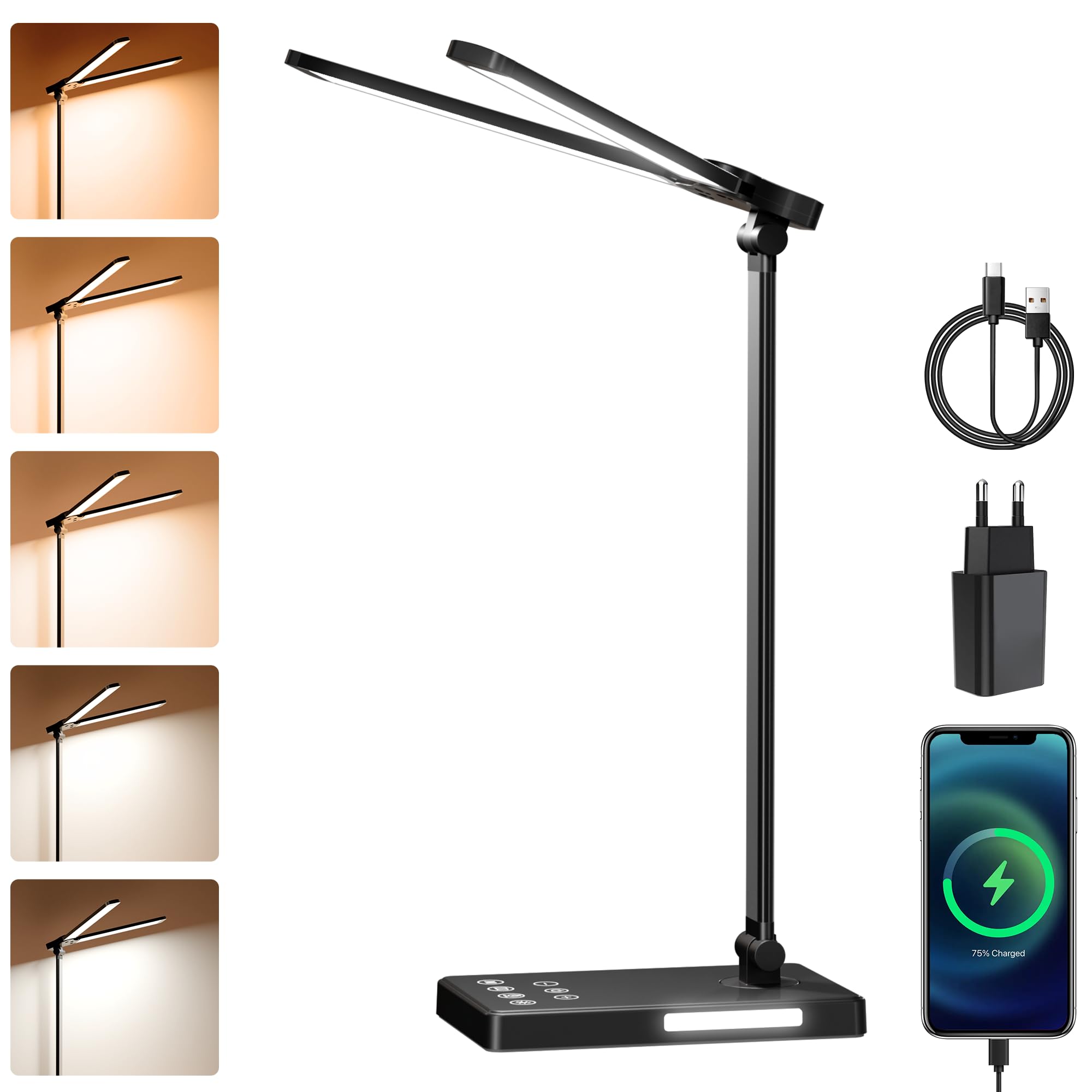 Bazcuka Lámpara Escritorio LED, Cabeza Doble Lampara LED con Enchufe, Lámpara Escritorio Estudio, Cuidado Ocular Lámpara USB para Lectura Oficina