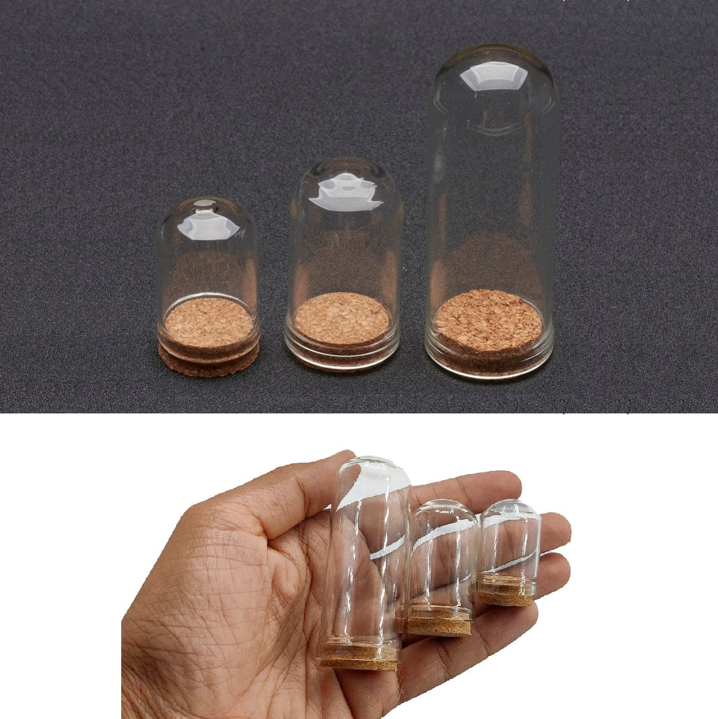 Aumni Crafts Glass Dome Cloche Cover Containers (1 Set Of 3 Sizes - 3.5x2.2 CM, 4.4x2.5 CM, 7x2.7 CM) Bottles Bell Jars With Cork Lid