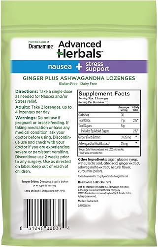 Miniatura 7 de De los creadores de Dramamine, pastillas Advanced Herbals de jengibre y ashwagandha, para alivio de náuseas y apoyo contra el estrés, sabor a fruta