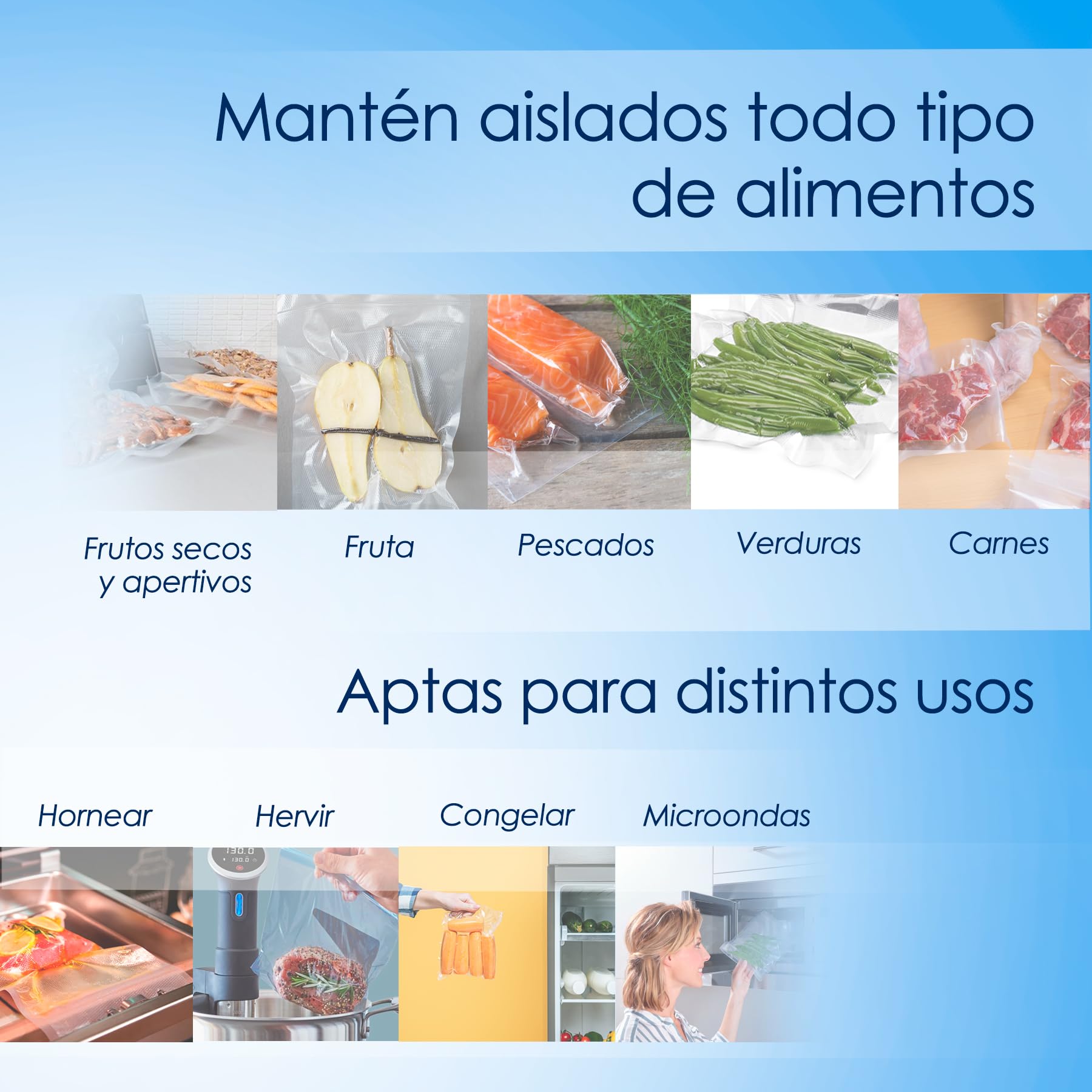 Rollos de Bolsas para Maquinas de Sellado al Vacío para Envasar 2, 4, 6 u 8 und de 20x300cm, Perfectas para Conservación de Alimentos, Utensilios de Cocina, Plástico