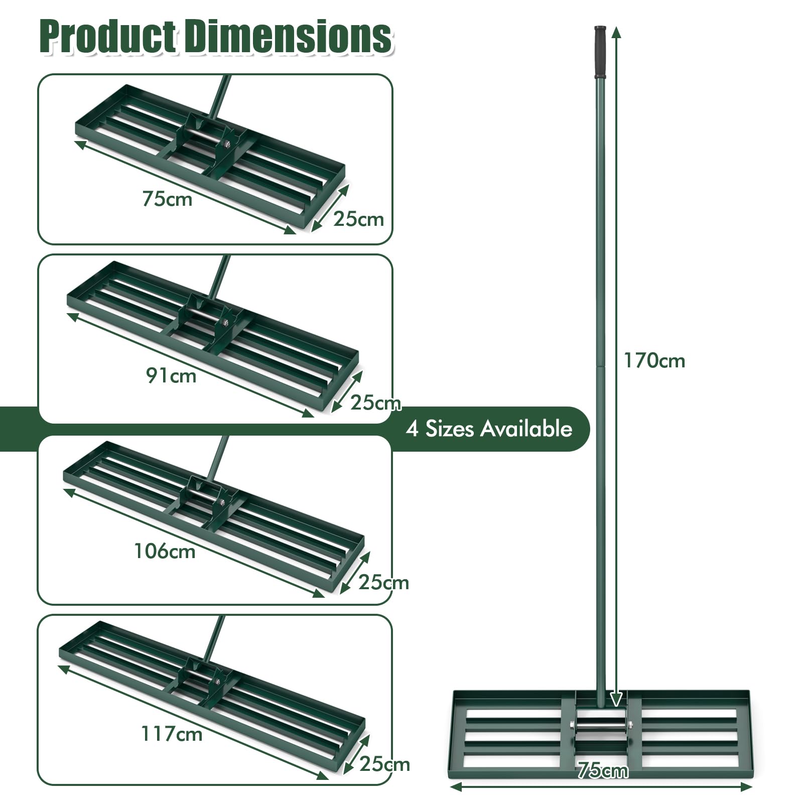 HOMASIS Rastrello Livellatore per Prato in Metallo con Manico Ergonomico e Impugnatura in Gomma, Rastrello per Foglie, Attrezzo per Prato per Campo da Golf e Cortile (Verde, 91 x 25 x 170 cm)