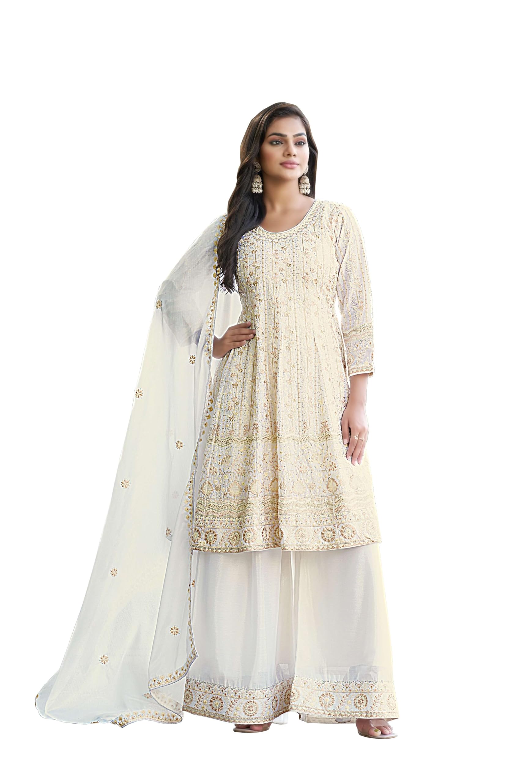 Miss Ethnik Women's Off White Chinon Stitched Top with Bottom and Dupatta 3/4 Sleeve Embroidered Kurta Palazzo Set (MER-1283)