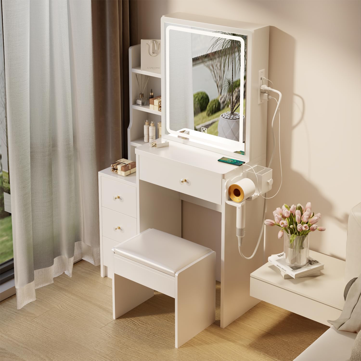 Wanttii Vanity Desk with Mirror and LED Lights, Vanity Makeup Desk with Sliding Lighted Mirror, Vanity Mirror Makeup Desk with Cushion Stool, Drawers and Shelves, White (VD011W)
