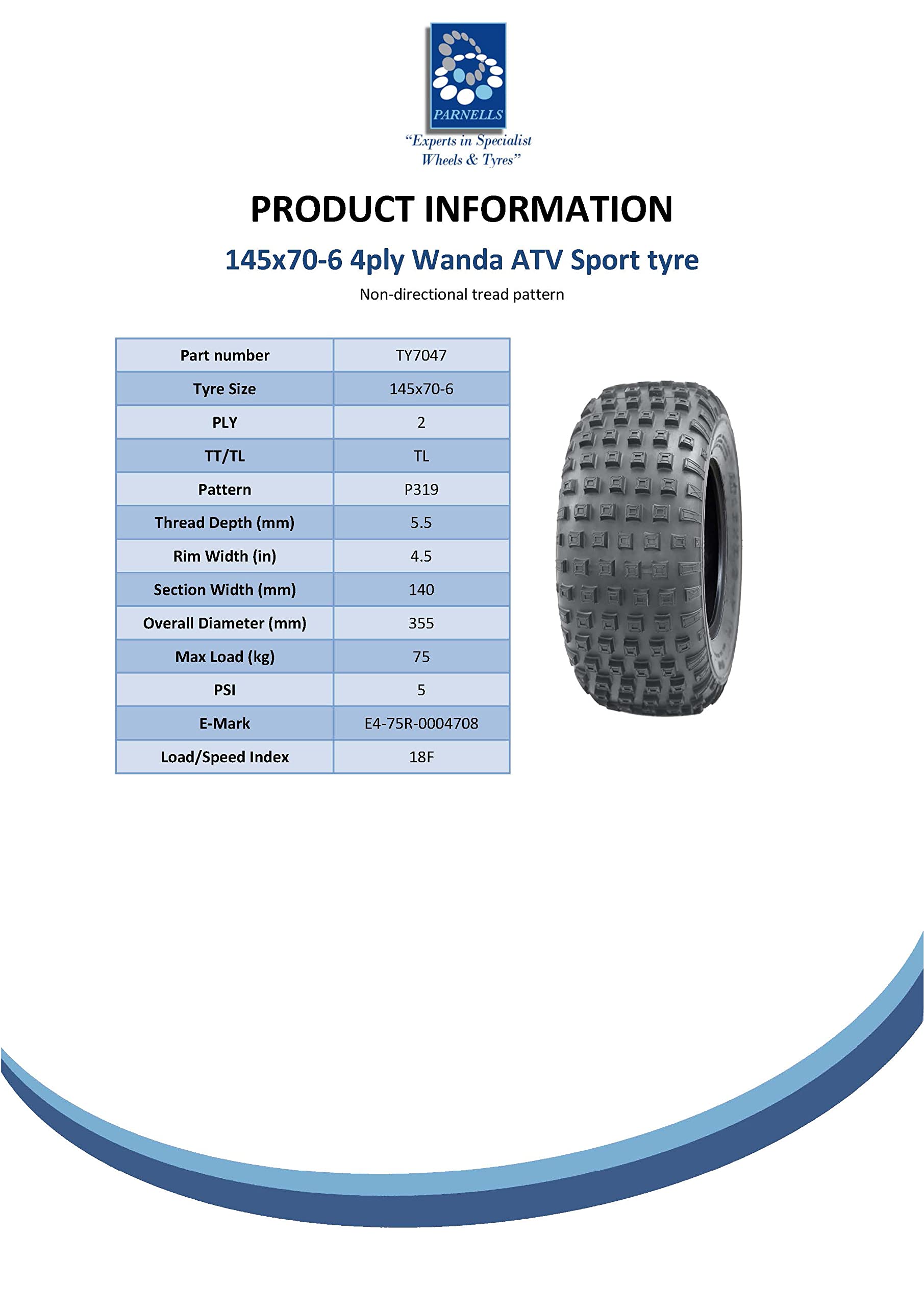 Parnells - 4 Jeux de Pneus Tubeless ATV Knobby, 145/70-6 - 2 Plis P319 Wanda, Diamètre 355 mm, Largeur 140 mm, 75 kg - pour Roues de Remorque Quad, 50 cc 90 cc 110 cc, Marquage E, Légal sur la Route