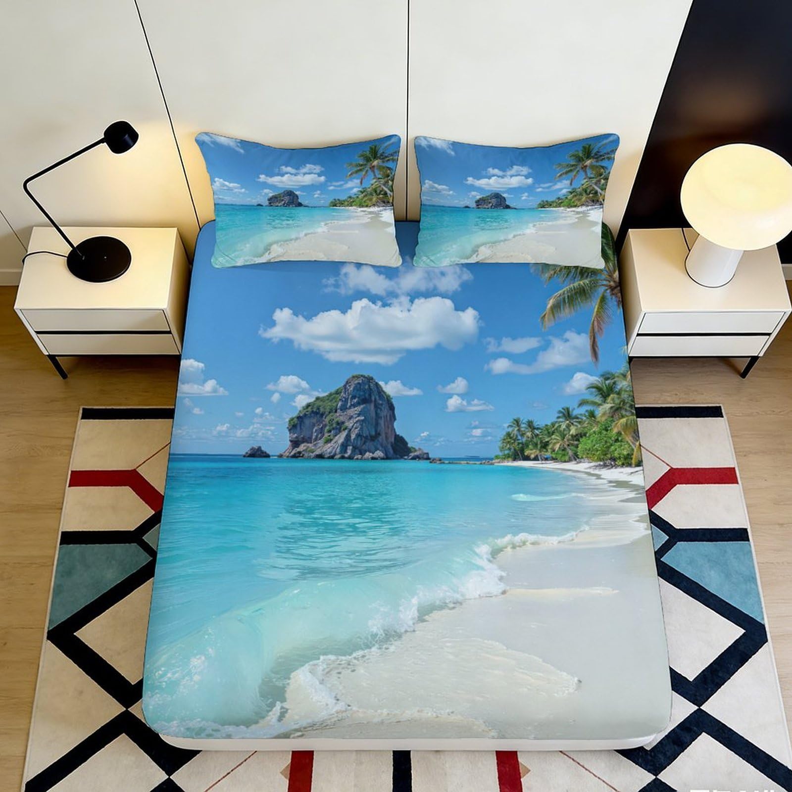 Jqzkxnhpbr Style-7 3D Printed Tropical Beach Fitted Sheet Microfiber Ocean Island Mattress Cover For Bedroom Guest Room Decor Protection 90X200x25cm