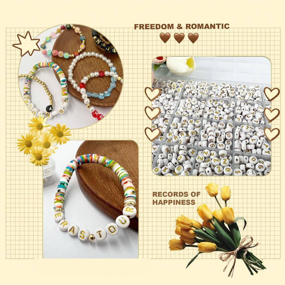 MIIIM 1200pcs Vowel Letter Beads (A, E, I, O, U), 4x7mm Round Letter Beads for Bracelets Making, Alphabet Beads, Number Beads, Heart Beads in 24 Grid Box (White Beads Gold Letters) - Image 4