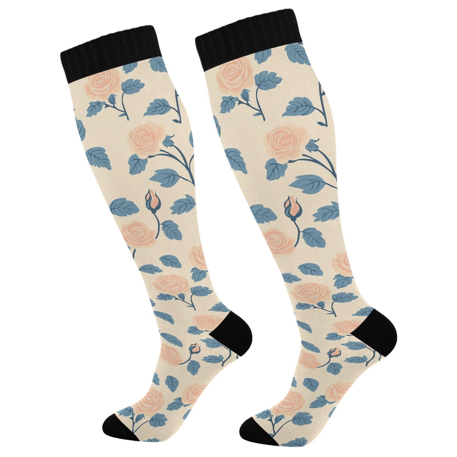 Wassud Roses Compression Socks for Women and Men 20-30 mmHg Knee High Socks for Nurses Travel 1 Pair