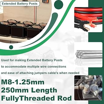 M8x250mm Fully Threaded Rod for Battery Post Extended