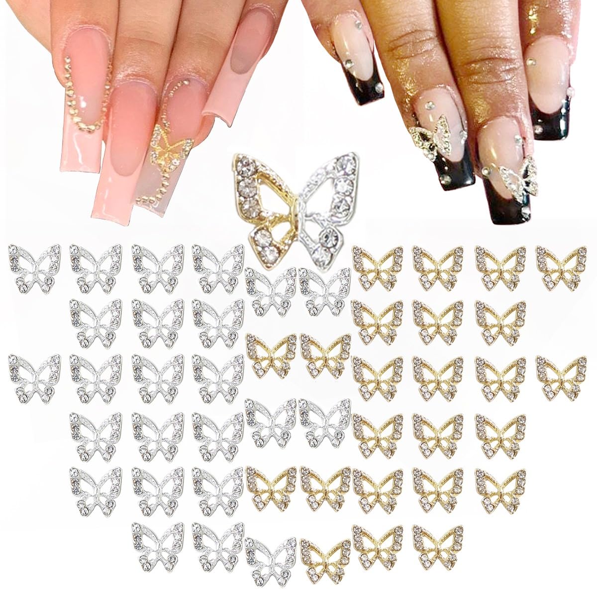 qiipii 48pcs Butterfly Nail Charms Bulk 3D Golden Silver Butterflies Charms for Acrylic Nails, Nail Rhinestones Charms Alloy Studs Nail Art Jewels