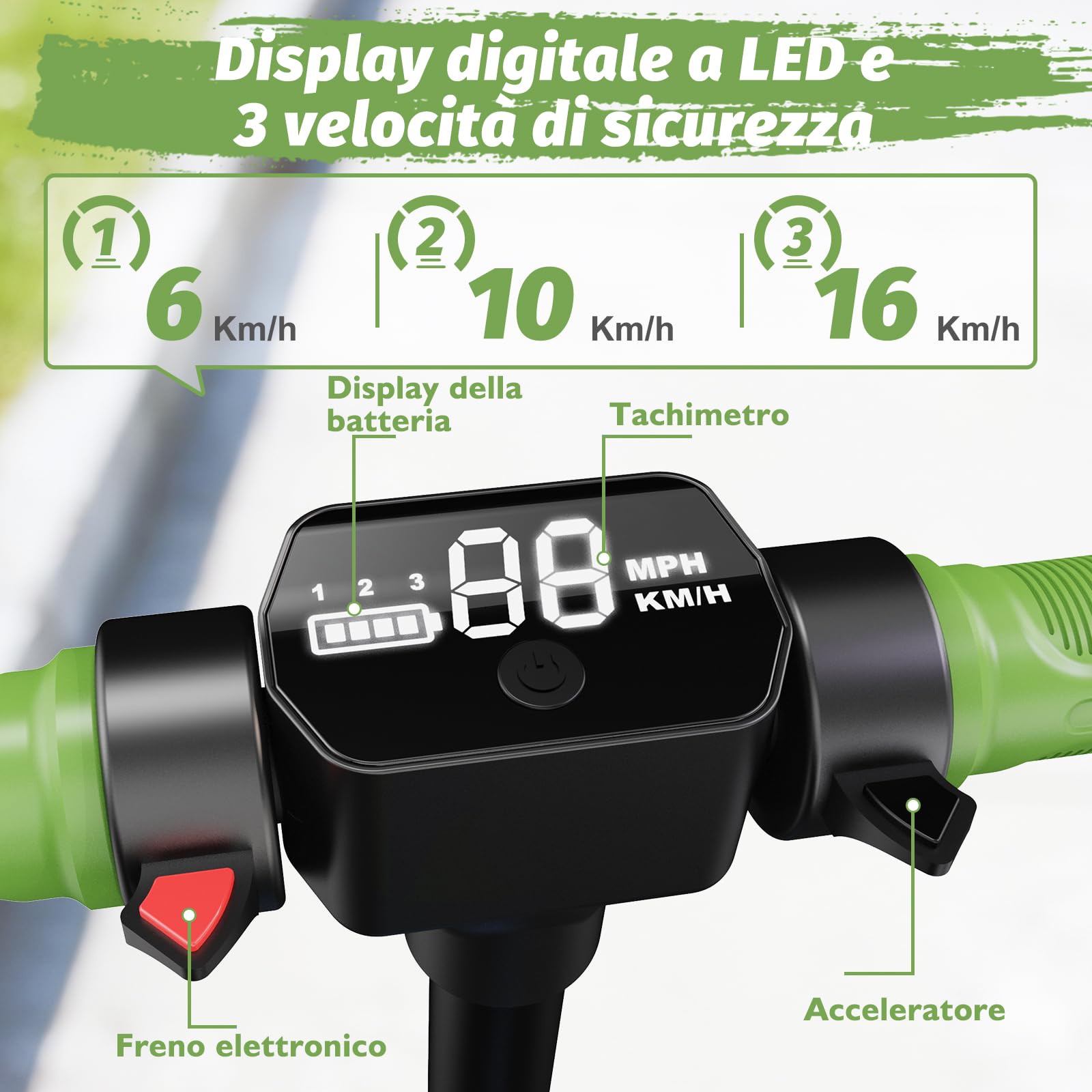 TODIMART T1 Monopattino Elettrico Bambini 6-12 Anni, 3 Velocità 6/10/16 KM/H, Freno Elettronico, Display a LED, Luci LED Colorate, E Scooter per Bambini e Bambine