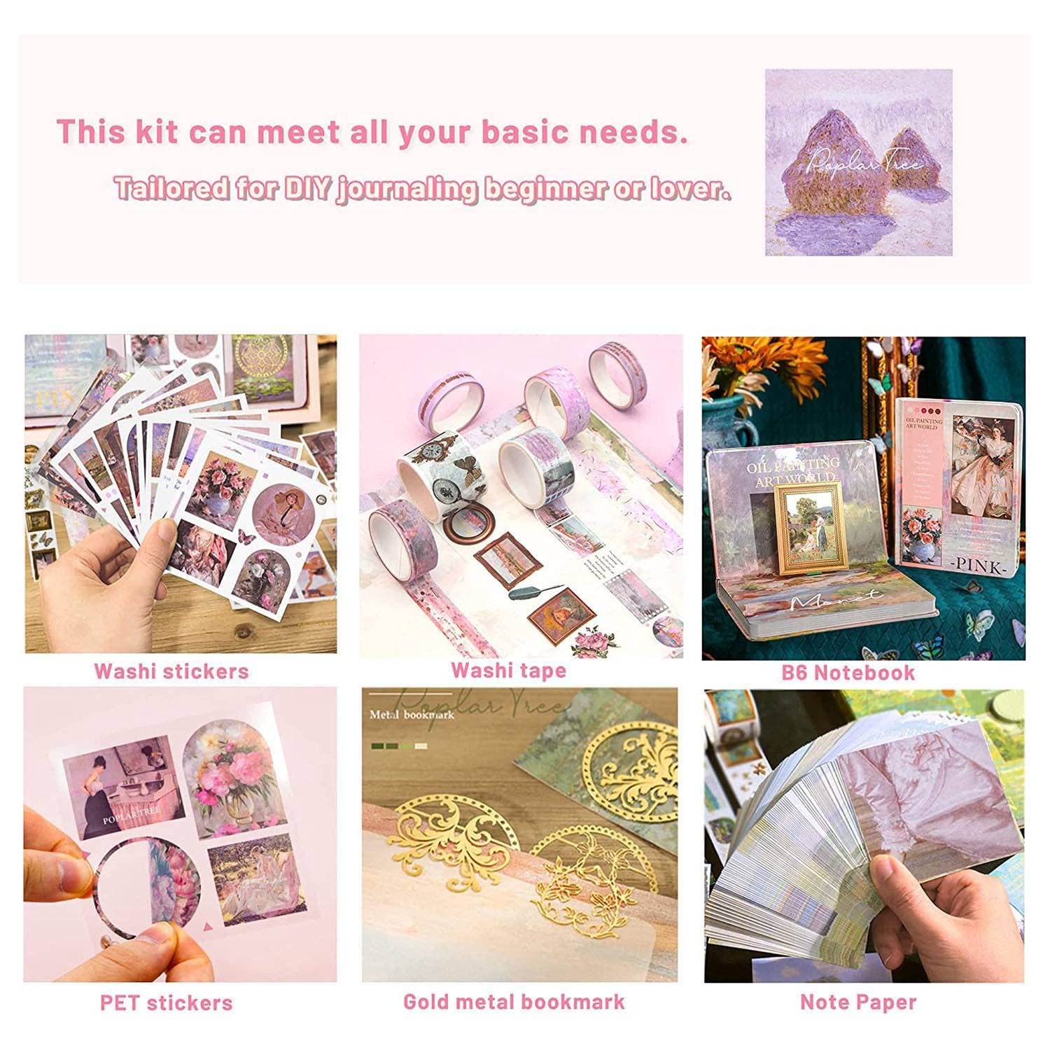 Kit Scrapbooking Esthétique Vintage - Carnet B6, Autocollants, Washi Tape - Thème Fleurs Roses - Idéal Cadeau Créatif
