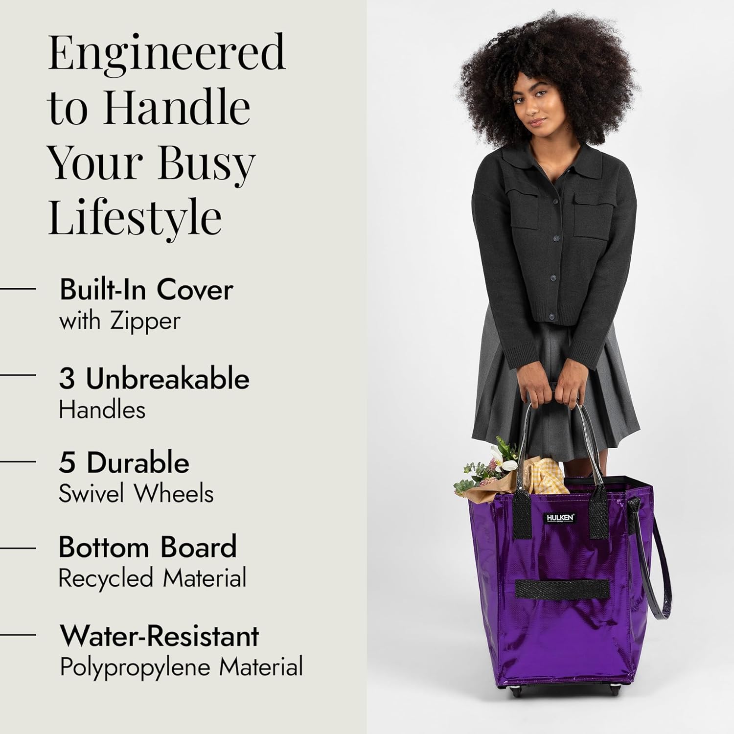 HULKEN L, M Reusable Grocery Bag On Wheels, Rolling Tote - Folds Flat - Unbreakable Handles - Image 3