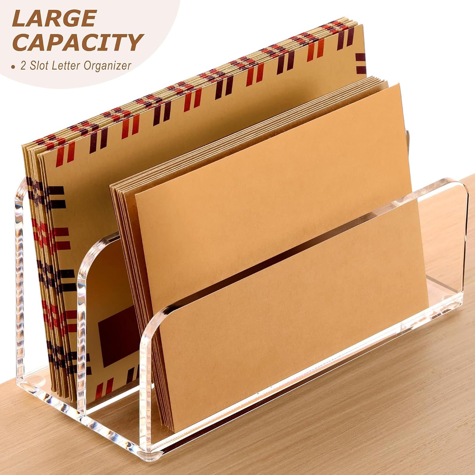 Raccoglitore posta acrilico trasparente 2 scomparti per scrivania, base antiscivolo 17,5x7,5x9,5 cm